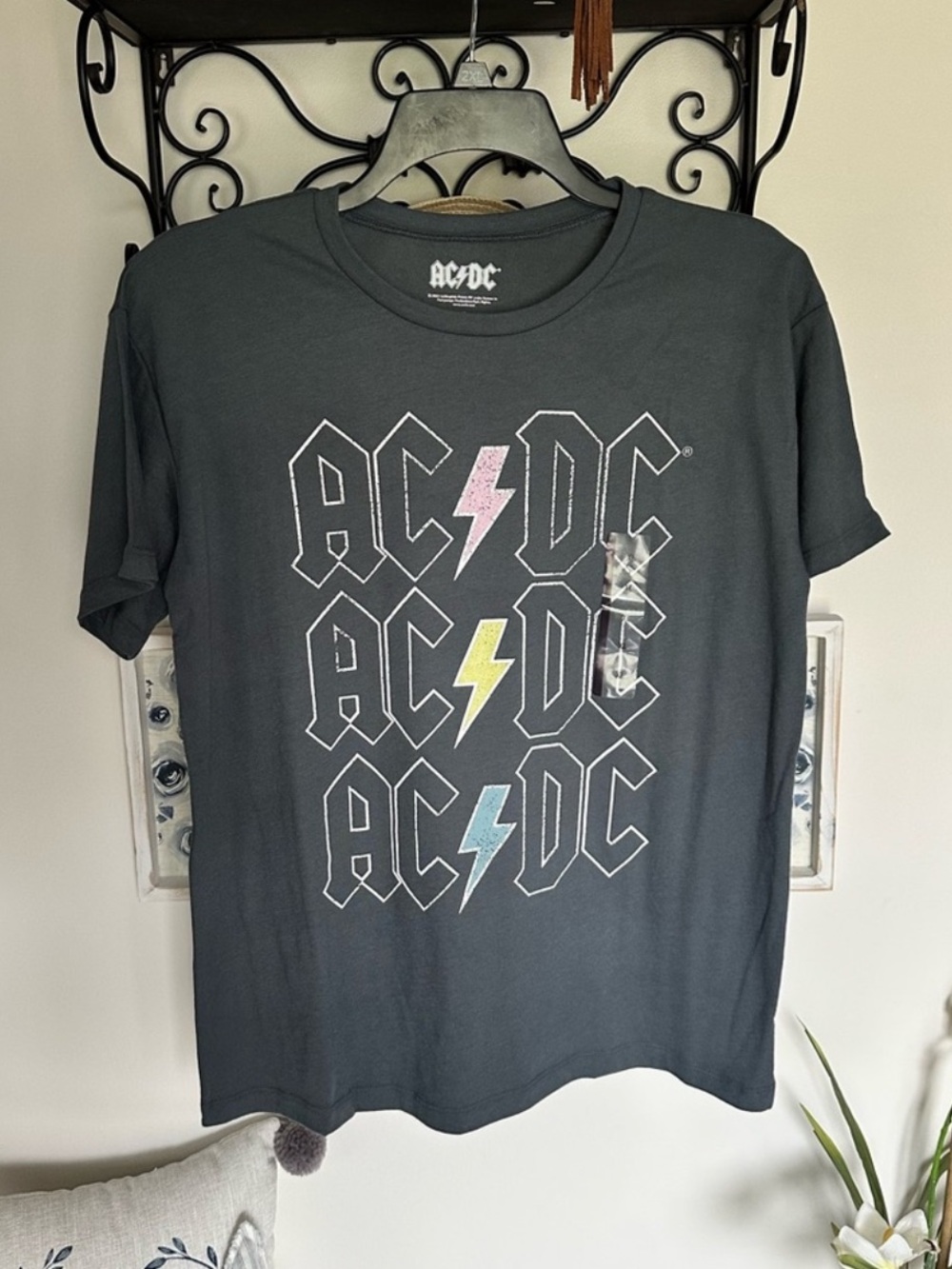 AC/DC Logo T-Shirt in Gray and Pastels NWT